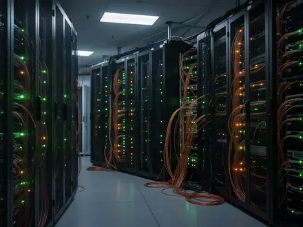 Dunkler Serverraum mit leuchtenden Glasfaser- und Datenkabeln in einer modernen Sicherheitsinfrastruktur. - Foto: über boerse-global.de