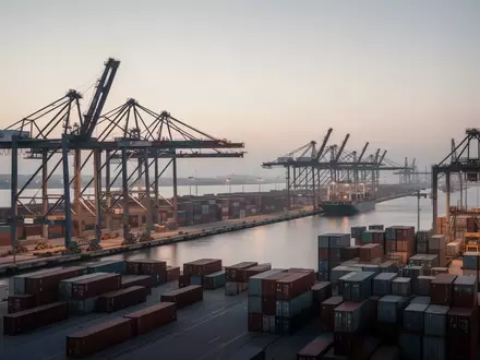 Ein weitläufiger Industriehafen bei Dämmerung mit Kränen und gestapelten Containern vor einem weiten Horizont. - Foto: über boerse-global.de
