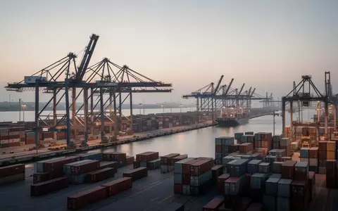 Ein weitläufiger Industriehafen bei Dämmerung mit Kränen und gestapelten Containern vor einem weiten Horizont. - Foto: über boerse-global.de