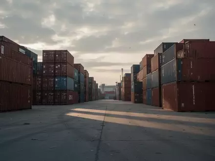 Ein weitläufiger, leerer Industriehafen mit gestapelten Containern unter einem bewölkten Himmel bei Dämmerung. - Foto: über boerse-global.de