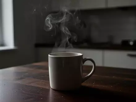 Aufsteigender Dampf aus einer leeren Keramiktasse auf einem dunklen Holztisch in einer minimalistischen Küche. - Foto: über boerse-global.de