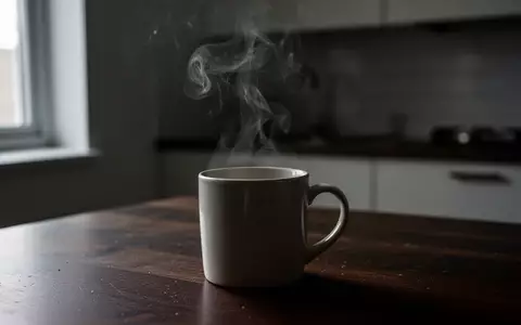 Aufsteigender Dampf aus einer leeren Keramiktasse auf einem dunklen Holztisch in einer minimalistischen Küche. - Foto: über boerse-global.de