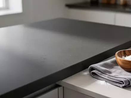 Eine saubere, moderne Küchenoberfläche mit einem Mikrofasertuch und Natron zur Reinigung. - Foto: über boerse-global.de