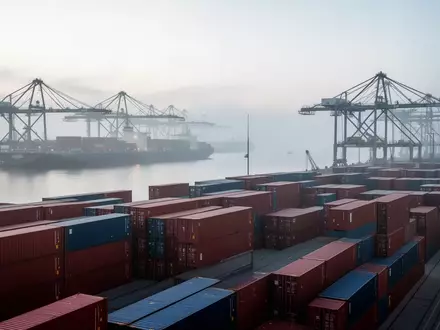 Ein weitläufiger, moderner Containerhafen in der Morgendämmerung mit gestapelten Containern und unbesetzten Industriekränen. - Foto: über boerse-global.de