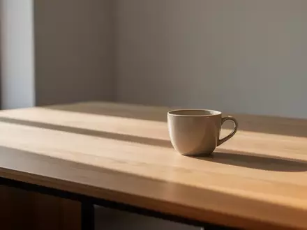 Ein minimalistischer, heller Arbeitsplatz mit einem hölzernen Schreibtisch, einer einzelnen Kaffeetasse und weichem Sonnenlicht. - Foto: über boerse-global.de