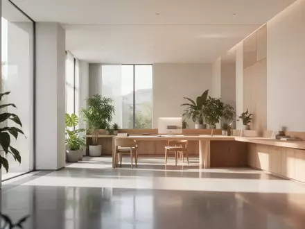 Ein heller, moderner Arbeitsbereich mit Holzoberflächen und natürlichem Lichteinfall in einem architektonisch schlichten Raum. - Foto: über boerse-global.de