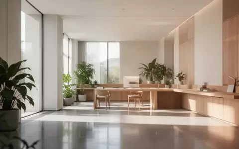 Ein heller, moderner Arbeitsbereich mit Holzoberflächen und natürlichem Lichteinfall in einem architektonisch schlichten Raum. - Foto: über boerse-global.de