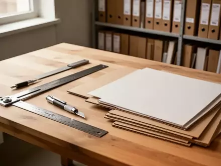 Ein aufgeräumter Arbeitsplatz mit Bastelwerkzeugen und hochwertigen Kartonbögen in einem Designstudio. - Foto: über boerse-global.de