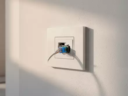 Ein minimalistischer Glasfaseranschluss an einer sauberen Wand in einem modernen Innenraum. - Foto: über boerse-global.de