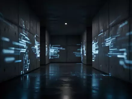 Ein dunkler, minimalistischer Flur mit abstrakten blauen Lichtreflexen auf Betonwänden als Symbol für digitale Sicherheitsrisiken. - Foto: über boerse-global.de