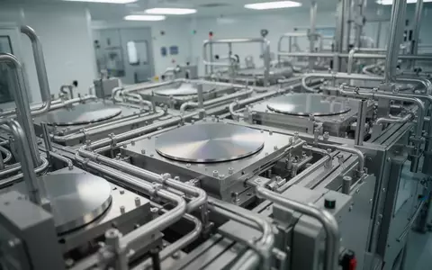 Industrielle Fertigungsanlage für Halbleiter in einem Reinraum mit metallischen Oberflächen und technischer Infrastruktur. - Foto: über boerse-global.de