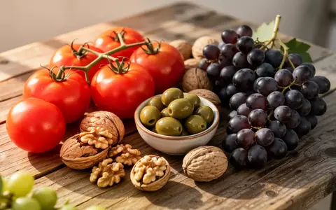 Frische mediterrane Lebensmittel wie Tomaten, Walnüsse, Oliven und Weintrauben auf einem Holztisch. - Foto: über boerse-global.de