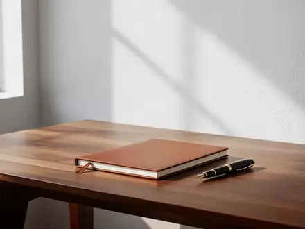 Ein minimalistischer Arbeitsplatz mit einem Notizbuch und einem Füllfederhalter bei natürlichem Lichteinfall. - Foto: über boerse-global.de