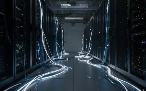 Ein dunkler Serverraum mit leuchtenden Glasfaserkabeln und atmosphärischer Beleuchtung. - Foto: über boerse-global.de