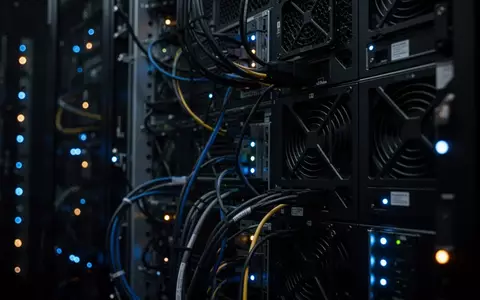 Abstraktes, dunkles Serverraum-Umfeld mit leuchtenden Statusanzeigen und technischer Infrastruktur. - Foto: über boerse-global.de
