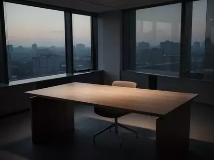 Ein leerer, modern gestalteter Schreibtisch in einem Büro bei Dämmerung, der eine Atmosphäre von Stille und Rückzug vermittelt. - Foto: über boerse-global.de