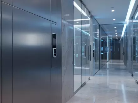Ein minimalistischer, moderner Korridor in einer Sicherheitsanlage mit blauer Beleuchtung und klaren architektonischen Linien. - Foto: über boerse-global.de
