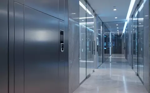 Ein minimalistischer, moderner Korridor in einer Sicherheitsanlage mit blauer Beleuchtung und klaren architektonischen Linien. - Foto: über boerse-global.de