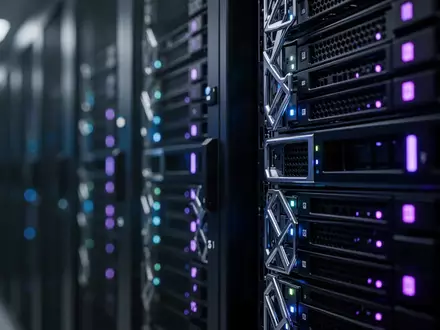 Abstrakte Darstellung von Server-Infrastruktur mit blau-violetten Lichtakzenten in einem modernen Rechenzentrum. - Foto: über boerse-global.de