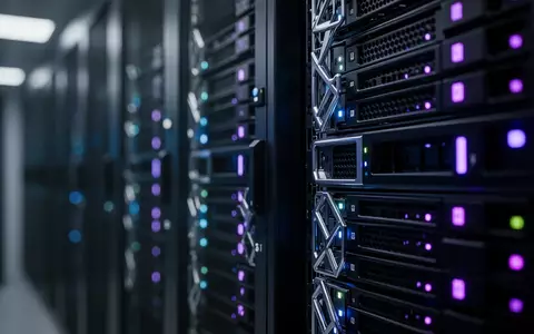 Abstrakte Darstellung von Server-Infrastruktur mit blau-violetten Lichtakzenten in einem modernen Rechenzentrum. - Foto: über boerse-global.de