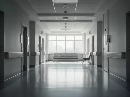 Ein heller, menschenleerer Krankenhausflur mit moderner Architektur und einfallendem Tageslicht. - Foto: über boerse-global.de