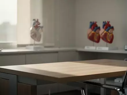 Ein minimalistischer, heller medizinischer Untersuchungsraum mit einem anatomischen Herzmodell im unscharfen Hintergrund. - Foto: über boerse-global.de