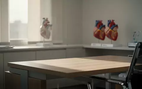 Ein minimalistischer, heller medizinischer Untersuchungsraum mit einem anatomischen Herzmodell im unscharfen Hintergrund. - Foto: über boerse-global.de