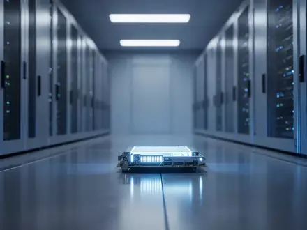 Modernes Server-Rechenzentrum mit blauer Beleuchtung und Fokus auf eine Hardware-Einheit. - Foto: über boerse-global.de