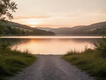 Ein ruhiger Seeuferweg bei Sonnenuntergang, der in eine weitläufige, grüne Naturlandschaft führt. - Foto: über boerse-global.de