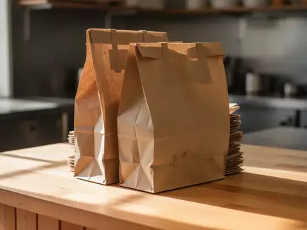 Stapel aus unbedruckten braunen Papiertüten auf einem hölzernen Bäckereitresen in einer minimalistischen Umgebung. - Foto: über boerse-global.de