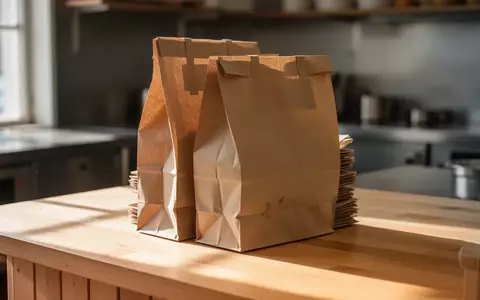Stapel aus unbedruckten braunen Papiertüten auf einem hölzernen Bäckereitresen in einer minimalistischen Umgebung. - Foto: über boerse-global.de