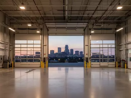 Eine moderne, geräumige Industrie-Wartungshalle in Nashville mit Blick auf die Skyline der Stadt in der Abenddämmerung. - Foto: über boerse-global.de
