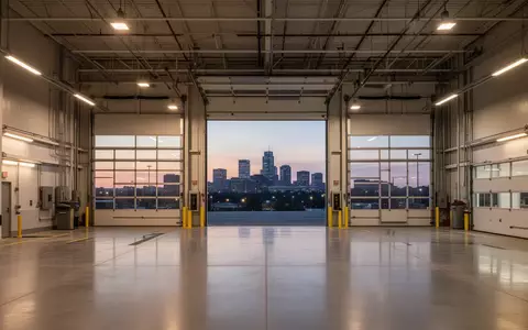 Eine moderne, geräumige Industrie-Wartungshalle in Nashville mit Blick auf die Skyline der Stadt in der Abenddämmerung. - Foto: über boerse-global.de