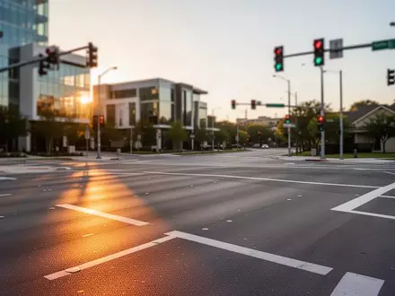 Eine leere, moderne Straßenkreuzung in Austin, Texas, bei Sonnenuntergang mit klaren Fahrbahnmarkierungen und moderner Architektur im Hintergrund. - Foto: über boerse-global.de