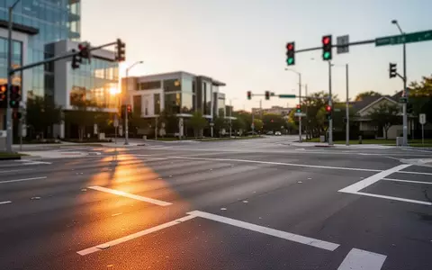 Eine leere, moderne Straßenkreuzung in Austin, Texas, bei Sonnenuntergang mit klaren Fahrbahnmarkierungen und moderner Architektur im Hintergrund. - Foto: über boerse-global.de