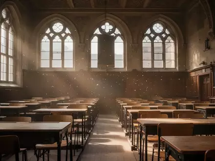 Ein leerer Hörsaal in einer Universität mit alten Holzmöbeln und einfallendem Tageslicht. - Foto: über boerse-global.de