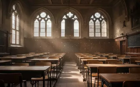 Ein leerer Hörsaal in einer Universität mit alten Holzmöbeln und einfallendem Tageslicht. - Foto: über boerse-global.de