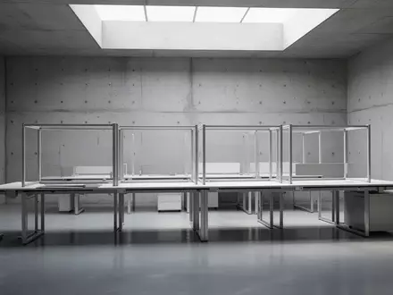 Ein minimalistisch gestalteter Arbeitsbereich mit leeren, modularen Metallrahmen auf einer Werkbank in einem hellen, modernen Raum. - Foto: über boerse-global.de