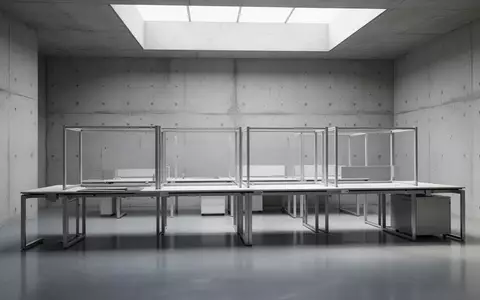 Ein minimalistisch gestalteter Arbeitsbereich mit leeren, modularen Metallrahmen auf einer Werkbank in einem hellen, modernen Raum. - Foto: über boerse-global.de