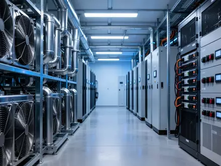 Moderne industrielle Serverinfrastruktur in einem klimatisierten Raum mit blauer Beleuchtung. - Foto: über boerse-global.de