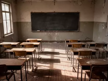 Ein leerer Klassenraum mit leeren Holztischen und einer unbeschriebenen Tafel bei einfallendem Tageslicht. - Foto: über boerse-global.de