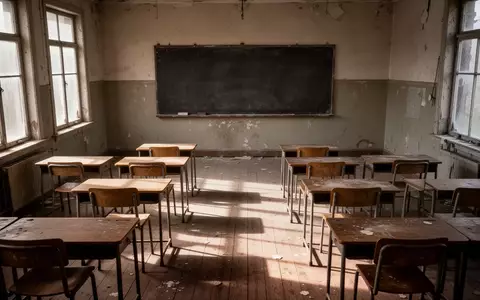 Ein leerer Klassenraum mit leeren Holztischen und einer unbeschriebenen Tafel bei einfallendem Tageslicht. - Foto: über boerse-global.de