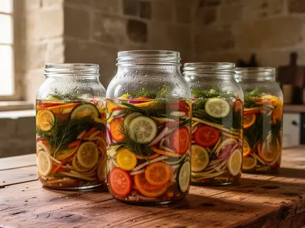 Verschiedene Einmachgläser mit fermentiertem Gemüse und Kräutern auf einem rustikalen Holztisch in einem historischen Steinraum. - Foto: über boerse-global.de