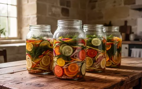 Verschiedene Einmachgläser mit fermentiertem Gemüse und Kräutern auf einem rustikalen Holztisch in einem historischen Steinraum. - Foto: über boerse-global.de