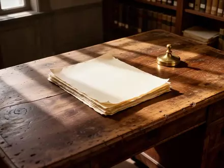 Ein leerer, aufgeräumter Schreibtisch mit einem Stapel unbeschriebener Papiere und einem Briefbeschwerer in einem Archiv. - Foto: über boerse-global.de