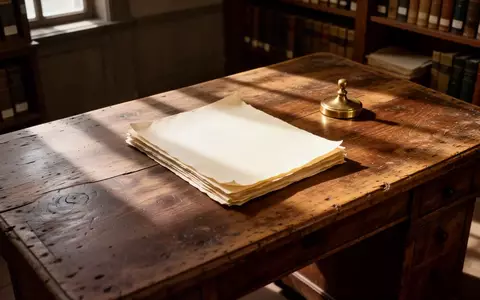 Ein leerer, aufgeräumter Schreibtisch mit einem Stapel unbeschriebener Papiere und einem Briefbeschwerer in einem Archiv. - Foto: über boerse-global.de