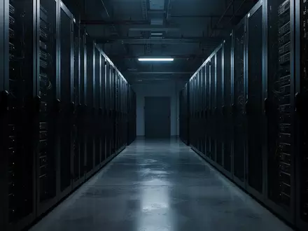 Dunkler, industrieller Serverraum mit metallischen Rack-Reihen in einer kühlen, schattenreichen Umgebung. - Foto: über boerse-global.de