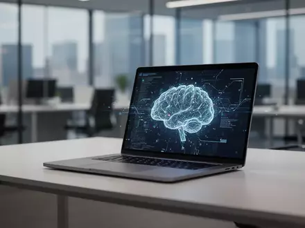 Ein moderner, aufgeräumter Büroarbeitsplatz mit einem Laptop, der eine KI-Schnittstelle darstellt. - Foto: über boerse-global.de
