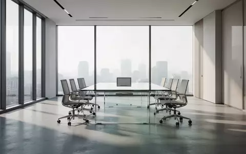 Ein minimalistisches, modernes Büro mit einem leeren Konferenztisch in einer hellen, professionellen Arbeitsumgebung. - Foto: über boerse-global.de