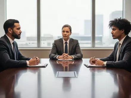 Drei Geschäftsleute in einem modernen Sitzungssaal während einer professionellen Besprechung. - Foto: über boerse-global.de